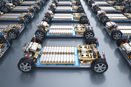 3d rendering group of electric cars with pack of battery cells module on platform in a rowの写真素材