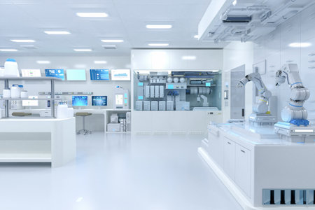 3d rendering white futuristic digital laboratory interior in semiconductor manufacturing factory with machine, computer screen and robotic armsの写真素材