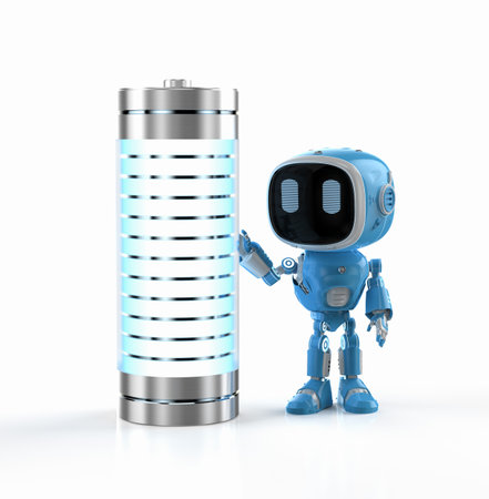 Battery research and development with 3d rendering robot hand hold li-ion or rechargeable batteryの写真素材