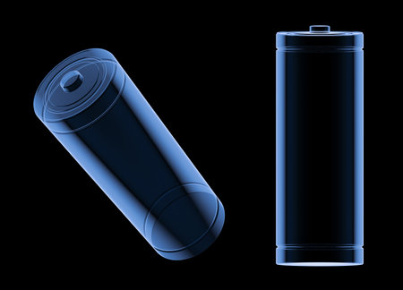3d rendering x-ray alkaline or rechargeable batteries isolated on blackの写真素材