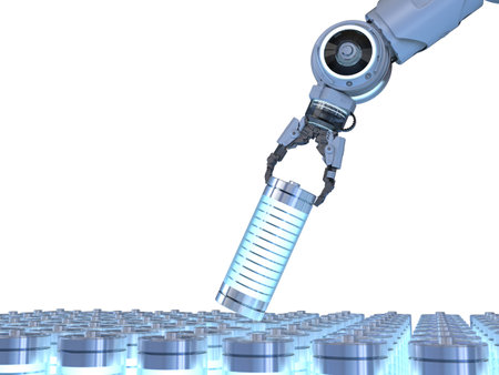 Battery research and development with 3d rendering robot hand hold li-ion or rechargeable batteryの写真素材