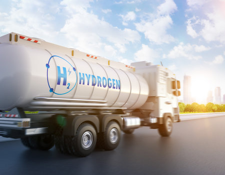 3d rendering logistic hydrogen tank on semi trailer truck out for deliverの写真素材