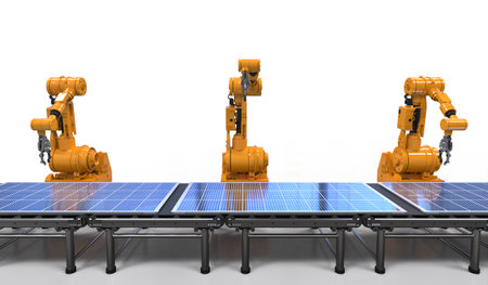 Automation factory with 3d rendering robot assembly line produce solar panels