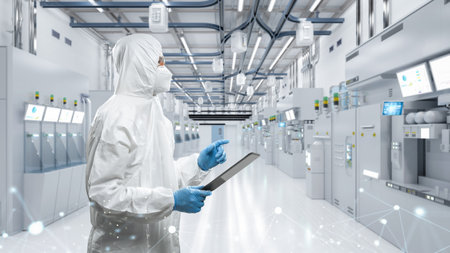 Worker or engineer wears protective suit or white coverall suit work in semiconductor manufacturing...