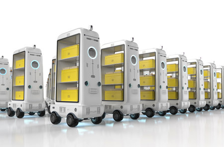 3d rendeirng group of warehouse robots or robotic assistants deliver boxesの写真素材