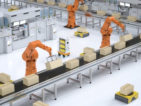 Automation factory or cargo concept with 3d rendering robot arms and warehouse robotsの写真素材