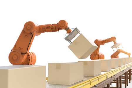 Automation factory concept with 3d rendering robot arms with boxes on conveyor line in factory