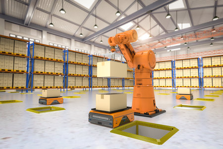 Automation factory or cargo concept with 3d rendering robot arms and warehouse robotsの写真素材