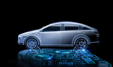 3d rendering ev car or electric vehicle with digital graphic interfaceの写真素材