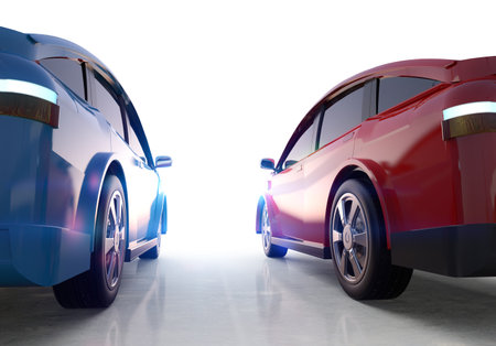 3d rendering rear view red and blue ev car or electric vehicle on white backgroundの写真素材