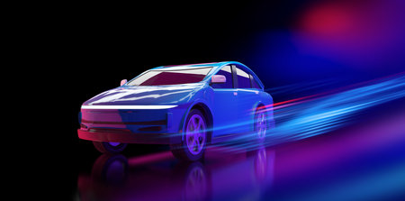 3d rendering ev car or electric vehicle motion drive on neon glow backgroundの写真素材