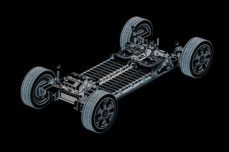 3d rendering ev car or electric vehicle structure with pack of battery cells module on platform on...