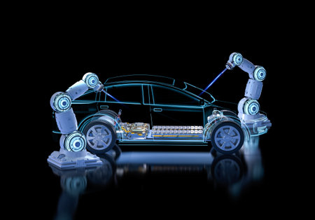 Automation automobile factory concept with 3d rendering robot assembly line with electric car battery cells module on platformの写真素材