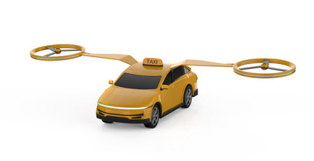 Driverless taxi or autonomous taxi with 3d rendering electric flying yellow car on white backgroundの写真素材