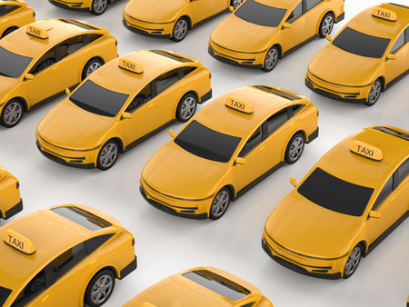 3d rendering lots of yellow ev taxis or electric vehicles on white backgroundの写真素材