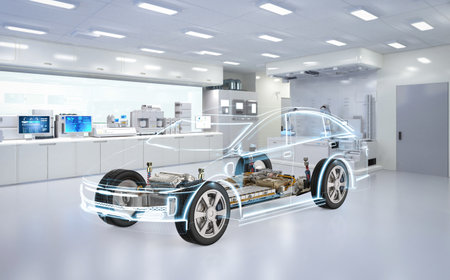 Electric car research and development with 3d rendering  ev car with pack of battery cells module on...