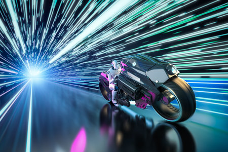 Racing technology with 3d rendering robot riding on motorbike with speed in tunnelの写真素材