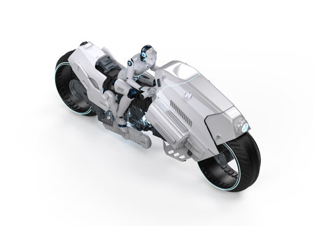 Racing technology with 3d rendering robot riding on motorbike with speedの写真素材