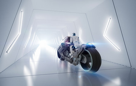 Racing technology with 3d rendering robot riding on motorbike with speed in tunnelの写真素材