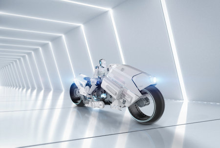 Racing technology with 3d rendering robot riding on motorbike with speedの写真素材