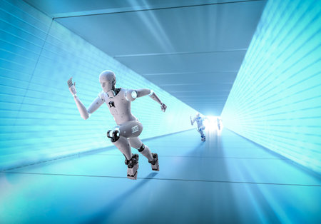 Fast speed technology concept with 3d rendering robot running through tunnel for futureの写真素材