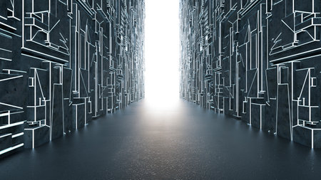 3d rendering narrow and empty corridor or walkway space with shining light at the endの写真素材
