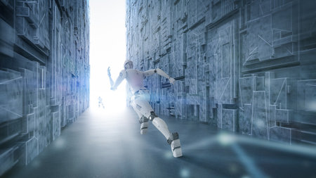 Fast speed technology concept with 3d rendering robot running through tunnel for futureの写真素材