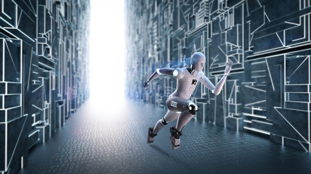 Fast speed technology concept with 3d rendering robot running through tunnel for futureの写真素材
