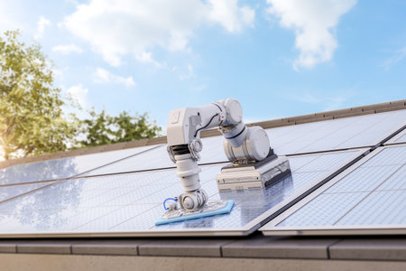 3d rendering automation robotic arms clean windows outside buildingの写真素材