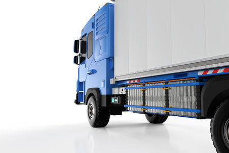 3d rendering ev logistic trailer truck or electric vehicle lorry with battery on white backgroundの写真素材