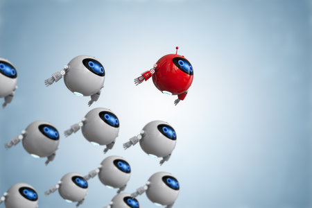 Robot leadership with 3d rendering assistant robot fly above othersの写真素材