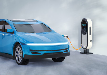 3d rendering blue ev car or electric vehicle plug in with recharging stationの写真素材