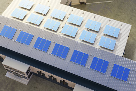 3d rendering solar panels on warehouse or factory roof for industrial use