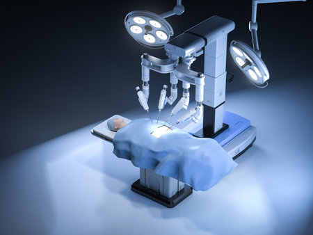 3d rendering robotic assisted surgery with dummy patient in operating roomの写真素材