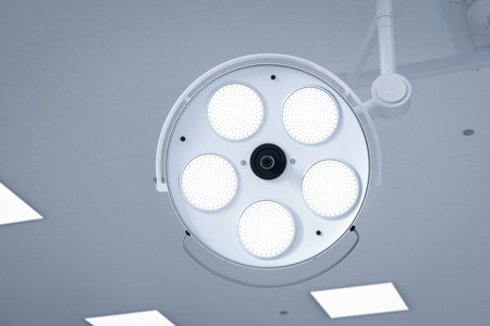 3d rendering surgery lights or medical lamps on ceilingの写真素材