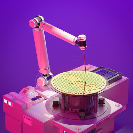 Semiconductor manufacturing with 3d rendering robotic arms with silicon wafers on neon light...