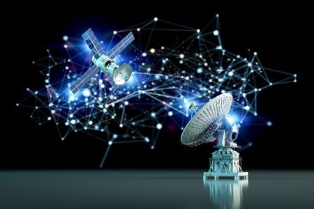 Telecommunication technology concept with 3d rendering satellite dish connectionの写真素材