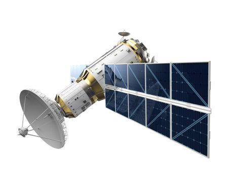 3d rendering satellite dish with solar panel isolated on white backgroundの写真素材