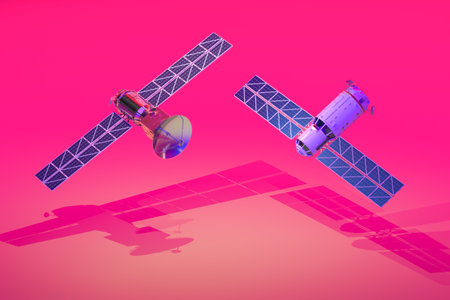 3d rendering satellite dish with solar panel on neon glow backgroundの写真素材