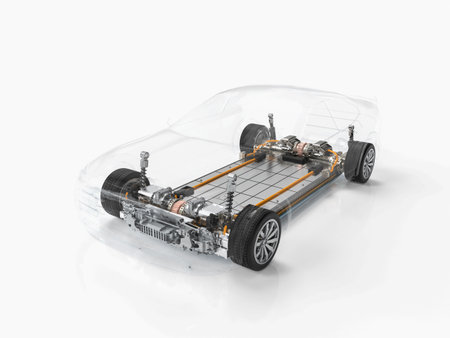 3d rendering electric car battery with pack of battery cells module on platformの写真素材