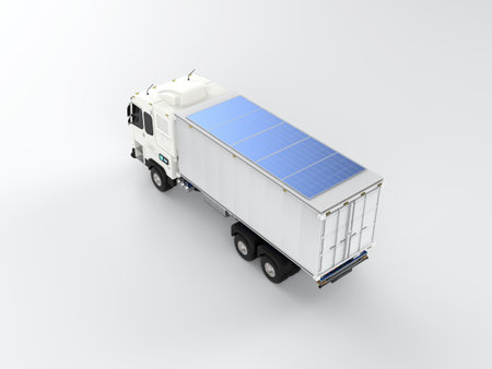 3d rendering ev logistic trailer truck or electric vehicle lorry with source of energy from solar panelの写真素材