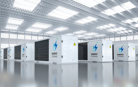 3d rendering group of energy storage system or battery container units in factoryの写真素材