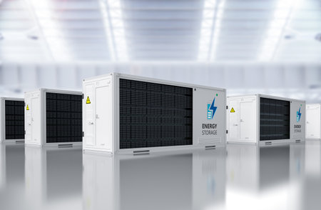 3d rendering group of energy storage system or battery container units in factoryの写真素材