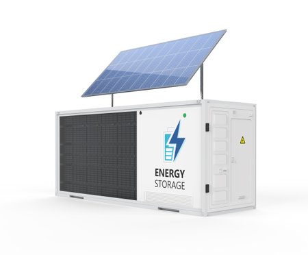 3d rendering energy storage system or battery container unit with solar panelsの写真素材