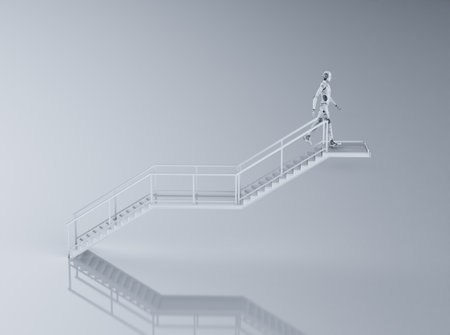 Technology development concept with 3d rendering robot climb or walk up staircaseの写真素材