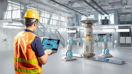 Asian engineer or technician with satellite dish manufacturing in laboratory