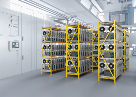 3d rendering crypto mining farm with graphic card or gpu rack in warehouse