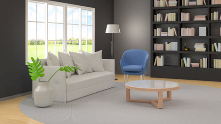 3d rendering living room interior in cozy style with bookcase