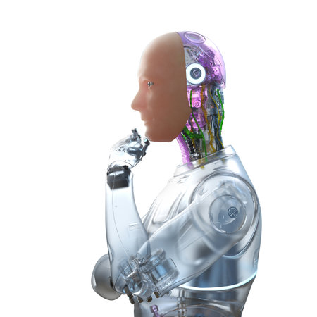 3d rendering artificial skin or human-like skin robot think or analyze isolated on whiteの写真素材