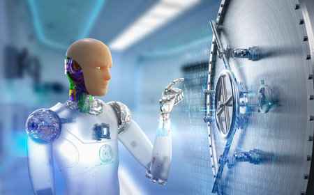 3d rendering artificial skin or human-like skin ai robot work with vault doorの写真素材